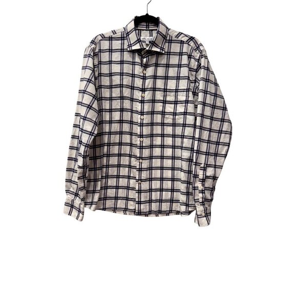 Peter Millar Men's Size L Autumn Soft Casual Button Down Shirt Ivory/Blue Plaid - Picture 1 of 10